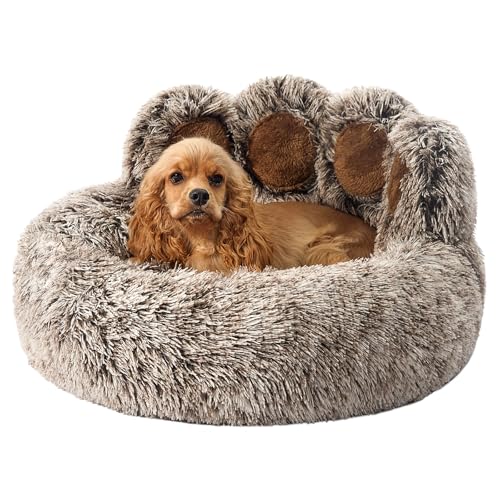 Jiupety Pet Round Hundebett von Pfote Form,Beruhigendes Donut-Hundebettn für mittlere und kleine Hunde,Kunstfell-Katzenbett,bequem und weich,waschmaschinenfest, große Größe, grau von Jiupety