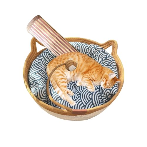 Jlkegfdf Handgewebtes Katzenbett, Katzennest, Körbchen, Kuscheltier mit Spielseilball, atmungsaktiv, für den Innenbereich, Welpenbett mit Kühlmatte für alle Jahreszeiten von Jlkegfdf