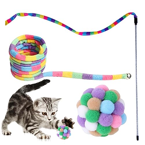 Joberio Katze Regenbogen Zauberstab Spielzeug,Stick Cat Teaser Zauberstab mit Regenbogenband Charmer | Interaktives Schnurspielzeug mit Ball, sicher und farbenfroh für Katzen und Kätzchen von Joberio