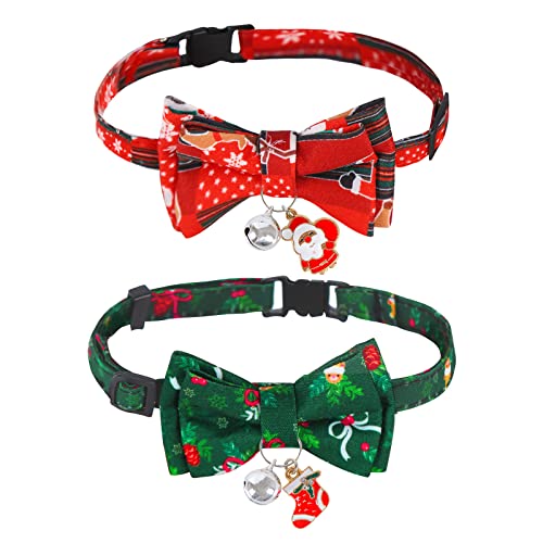 2 Stück Weihnachten Katzenhalsband Hundehalsband,Weihnachtliches Katzenhalsband mit Süßer Fliege und Glöckchen Katzen Halsband Weihnachten Katzen Halsbänder mit Schleife für Katze,Kätzchen und Welpen von Jodsen