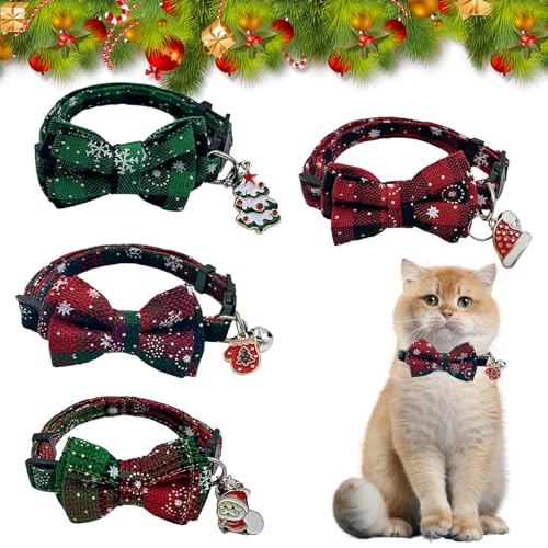 4 Stück Weihnachten Katzenhalsband Hundehalsband,Weihnachtliches Katzenhalsband mit Süßer Fliege und Glöckchen Katzen Halsband Weihnachten Katzen Halsbänder mit Schleife für Katzen,Kätzchen und Welpen von Jodsen