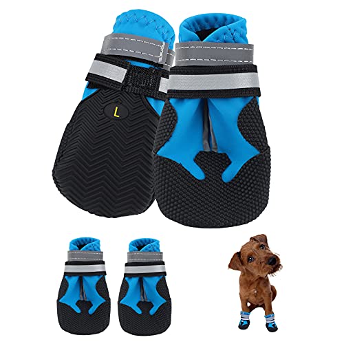 Hundeschuhe, 4 STK Wasserdichte Mit Reflektierenden Riemen, Anti-Rutsch-Sohle Outdoor Pfotenschützer für Kleine Mittelgroße Hunde Winter, Blau (L) von Jodsen