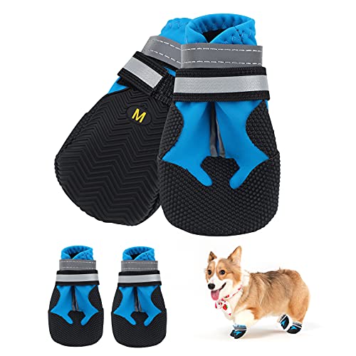 Jodsen Hundeschuhe,4 STK wasserdichte Hundeschuhe mit reflektierenden Riemen Anti-Rutsch-Sohle Outdoor Pfotenschützer Hundeschuhe für kleine mittelgroße Hunde Herbst Winter,Blau (M) von Jodsen