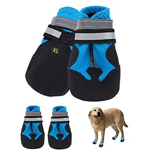 Jodsen Hundeschuhe,4 STK wasserdichte Hundeschuhe mit reflektierenden Riemen Anti-Rutsch-Sohle Outdoor Pfotenschützer Hundeschuhe für kleine mittelgroße Hunde Winter,Blau (XL) von Jodsen