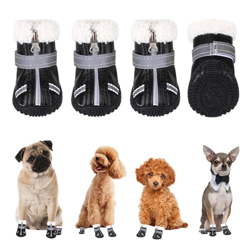 Winter Hundeschuhe, 4 Stück Hundeschuhe Pfotenschutz wasserdichte Schneeschuhe für kleine Hunde Vlies Pfotenschutz mit Reflektierende Riemen Draußen Hunde Schuhe Anti-Rutsch Hund Grannenschutz (L) von Jodsen