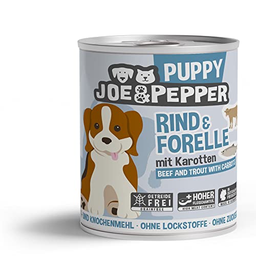 Joe&Pepper Junior 6 x 800g Rind & Forelle m. Kartoffeln | getreidefreies Hundefutter, Nassfutter für Hunde | regionale Herstellung Made in der Eifel | 95% Fleisch und 4% Gemüse von Joe&Pepper
