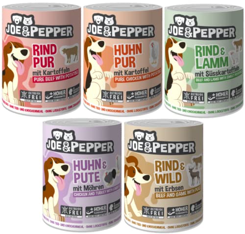 Joe&Pepper 12 x 400g Mixpaket | getreidefreies Hundefutter, Nassfutter für Hunde | regionale Herstellung Made in der Eifel | 95% Fleisch und 4% Gemüse von Joe&Pepper