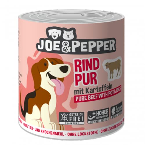 Joe&Pepper 6 x 800g Rind Pur m. Kartoffeln | getreidefreies Hundefutter, Nassfutter für Hunde | regionale Herstellung Made in der Eifel | 95% Fleisch und 4% Gemüse von Joe&Pepper