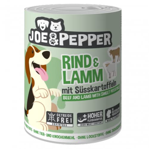 Joe&Pepper 6 x 400g Rind & Lamm m. Süßkartoffeln | getreidefreies Hundefutter, Nassfutter für Hunde | regionale Herstellung Made in der Eifel | 95% Fleisch und 4% Gemüse von Joe&Pepper