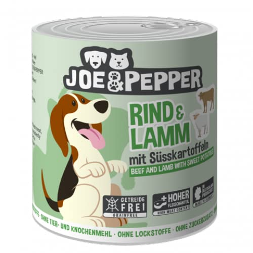 Joe&Pepper 6 x 800g Rind & Lamm m. Süßkartoffeln | getreidefreies Hundefutter, Nassfutter für Hunde | regionale Herstellung Made in der Eifel | 95% Fleisch und 4% Gemüse von Joe&Pepper