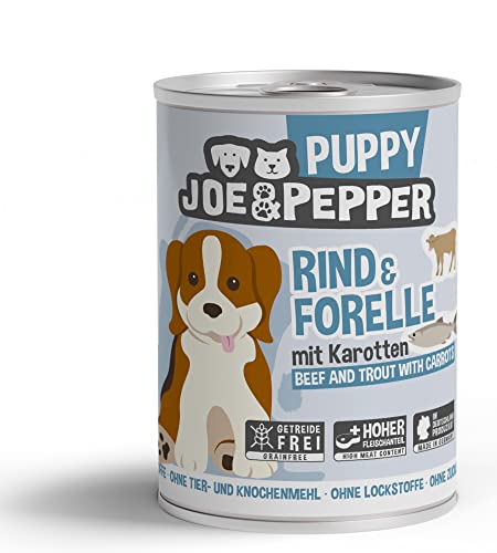 Joe&Pepper Junior 6 x 400g Rind & Forelle m. Kartoffeln | getreidefreies Hundefutter, Nassfutter für Hunde | regionale Herstellung Made in der Eifel | 95% Fleisch und 4% Gemüse von Joe&Pepper