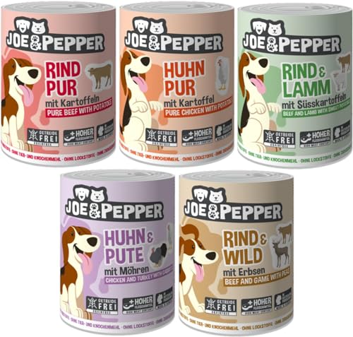 Joe&Pepper 6 x 400g Probierpaket | getreidefreies Hundefutter, Nassfutter für Hunde | regionale Herstellung Made in der Eifel | 95% Fleisch und 4% Gemüse von Joe&Pepper