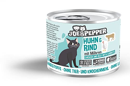 Joe&Pepper getreidefreies Katzenfutter | 6X 200g Huhn & Rind m. Möhren | hoher Fleischanteil, Keine künstlichen Zutaten | Nassfutter von Joe&Pepper