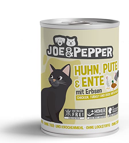Joe&Pepper getreidefreies Katzenfutter/alle Sorten 6X 400g / hoher Fleischanteil, Keine künstlichen Zutaten/Nassfutter für Katzen (Huhn, Pute & Ente m. Erbsen) von Joe&Pepper