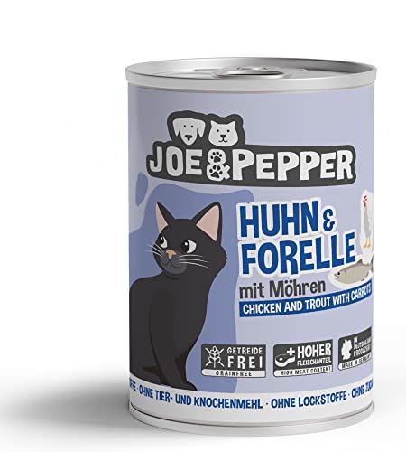 Joe&Pepper getreidefreies Katzenfutter/alle Sorten 6X 400g / hoher Fleischanteil, Keine künstlichen Zutaten/Nassfutter für Katzen (Huhn & Forelle m. Möhren) von Joe&Pepper