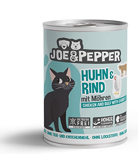 Joe&Pepper getreidefreies Katzenfutter/alle Sorten 6X 400g / hoher Fleischanteil, Keine künstlichen Zutaten/Nassfutter für Katzen (Huhn & Rind m. Möhren) von Joe&Pepper