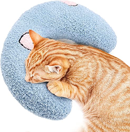 Jognee Kissen für Katzen | Weiches Flauschiges Haustier beruhigendes Spielzeug | Katzenminze Kissen, Katzenminze Plüschtier | U-förmiges Kissen zum Schlafen, Ausruhen, Spielen (Blau) von Jognee
