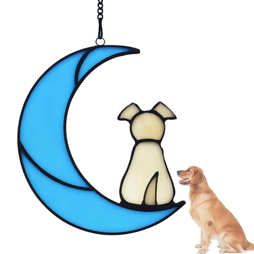 Buntglas Haustier Hund Gedenkgeschenke für Hundeliebhaber, ein weißer Hund Dekor auf blauem Mond Fensterbehang Sonnenfänger, Verlust des Hundes Sympathie Geschenk (weiß) von Johiux