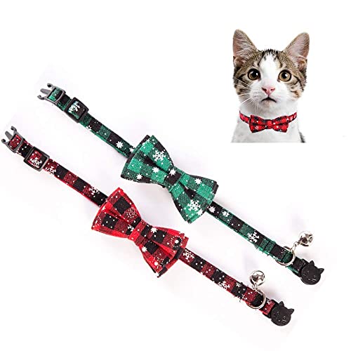 Weihnachtliches Katzenhalsband, Kätzchen-Halsbänder mit abnehmbarer Fliege, niedliches Karomuster, langlebig, verstellbar und bequem, Halsband für kleine Hunde und Katzen von Johiux