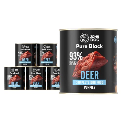 JOHN DOG Pure Black - 93% Fleisch - Premium Nassfutter für Hunde - Welpenfutter - Hypoallergenes Hundefutter - Glutenfrei Nassfutter - 100% Natürliche Zutaten - Hunde Leckerlis - 6 x 800g - (Hirsch) von JOHN DOG