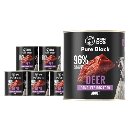 JOHN DOG Pure Black - 96% Fleisch - Premium Nassfutter für Hunde - Hypoallergenes Hundefutter - Glutenfrei Nassfutter - 100% Natürliche Zutaten - Hunde Leckerlis - 6 x 800g - (Hirsch) von JOHN DOG