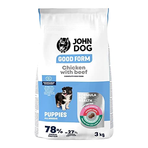 John Dog Hundefutter für Welpen, Trockenfutter für Hunde, Hundetrockenfutter, Welpenfutter, Tierfutter, Haustierfutter, Gultenfrei - Huhn mit Rindfleisch - 3kg von JOHN DOG