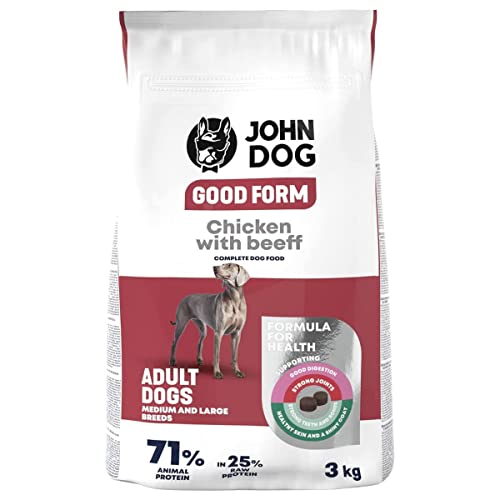 John Dog Hundefutter für Erwachsene Hunde, Trockenfutter für Hunde, Hundetrockenfutter, Tierfutter, Haustierfutter, Gultenfrei - Huhn mit Rindfleisch (Gewicht: 3 kg) von JOHN DOG