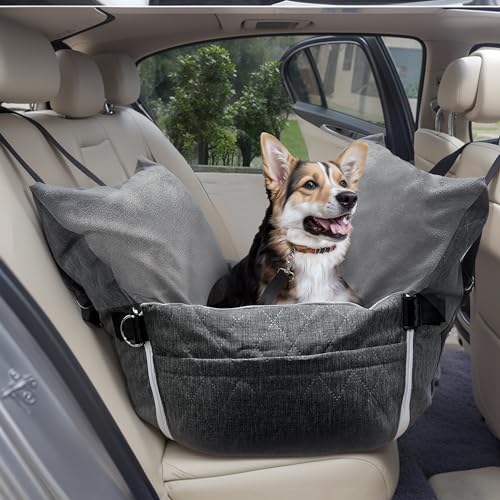 Johnear Hunde Autositz Sitzerhöhung Hundebett mit Sicherheitsleine für Mittlere Hunde 2 in 1 Hundebett mit 2 Taschen ，bis zu 30kg Haustier, Warmer Hundekorb Auto Reisebett für Hunde und Katzen von Johnear