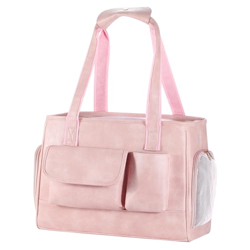 Johomviin Hundetragetasche, modische Leder-Haustier-Tragetasche, von Fluggesellschaften zugelassen, weiche Seiten, Katzen-Reisetasche mit Taschen, Rosa von Johomviin