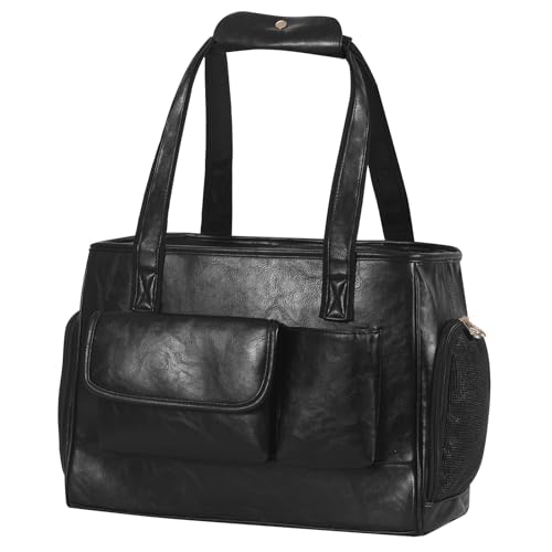 Johomviin Hundetragetasche, modische Leder-Haustier-Tragetasche, von Fluggesellschaften zugelassen, weiche Seiten, Katzen-Reisetasche mit Taschen, Schwarz von Johomviin