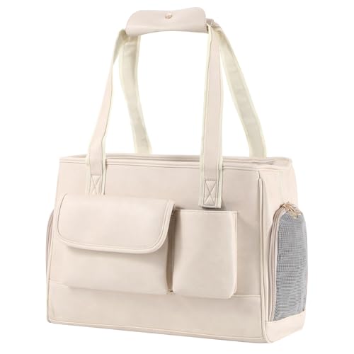Johomviin Hundetragetasche, modische Leder-Haustier-Tragetasche, von Fluggesellschaften zugelassen, weiche Seiten, Katzen-Reisetasche mit Taschen, Weiß von Johomviin