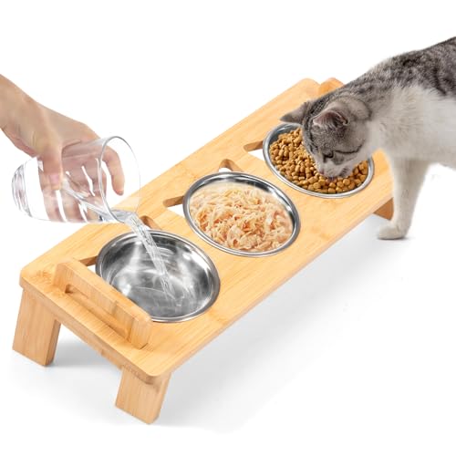 Katzennapf Erhöht, Futternapf Katze mit 3 Edelstahl Schüsseln Futterstation Katzen, Fressnapf und Wassernapf Ergonomischer für Katzen und kleine Hunde(Protokollfarbe) von Jokapy