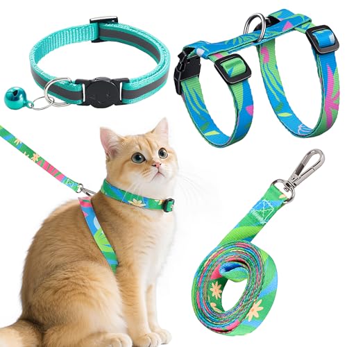 3-teiliges Katzengeschirr und Leine, bunt, ausbruchsicher, verstellbares Kätzchengeschirr mit Halsband, weiches, leichtes Laufgeschirr für Katzen von Jokureao