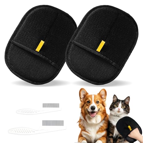 Jokureao 2-teiliges doppelseitiges Fellpflege-Handschuhe und Enthaarungs-Set, wiederverwendbar, statisches Entfernungshandschuh-Set für Hunde und Katzen, inklusive 2 Kämmen, ideal für Fellpflege von Jokureao