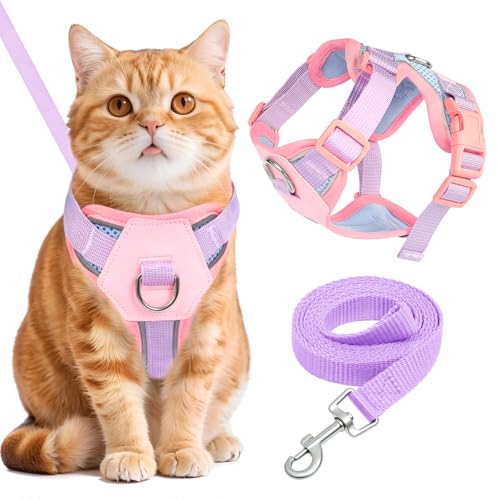 Katzengeschirr und Leine, ausbruchsicher, verstellbar, mit reflektierender Weste und Leine, weiches Netzgewebe, Katzengeschirr für kleine, mittelgroße Katzen, bequemes Spazierengehen, 2-teilig von Jokureao