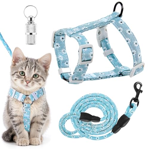 Katzengeschirr und Leine, schönes Katzengeschirr mit floralem Muster, Anti-Verlust-Anhänger, verstellbares, ausbruchsicheres Katzengeschirr, einfaches Spazierengehen, Reisen, Kätzchen, Tragetasche für Katzengeschirr und Leine, schönes Katzengeschirr mit floralem Muster, Anti-Verlust-Anhänger, verstellbares, ausbruchsicheres Katzengeschirr, einfaches Spazierengehen, Reisen, Kätzchen, Tragetasche für von Jokureao