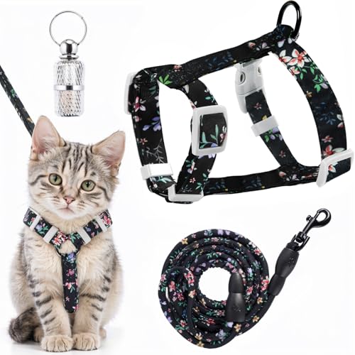 Katzengeschirr und Leine, schönes Katzengeschirr mit floralem Muster, Anti-Verlust-Anhänger, verstellbares, ausbruchsicheres Katzengeschirr, einfaches Spazierengehen, Reisen, Kätzchen, Tragetasche für Katzengeschirr und Leine, schönes Katzengeschirr mit floralem Muster, Anti-Verlust-Anhänger, verstellbares, ausbruchsicheres Katzengeschirr, einfaches Spazierengehen, Reisen, Kätzchen, Tragetasche für von Jokureao