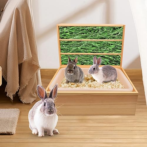 Futterspender Heu Kaninchen Heuraufe Kaninchen Holz 2 in 1 Heu Futterspender Manger mit Herausnehmbarer Kunststoff-Kastentoilette Für Kaninchen Hasen Meerschweinchen Nager 43 * 13.5 * 31.5cm von JoliJour
