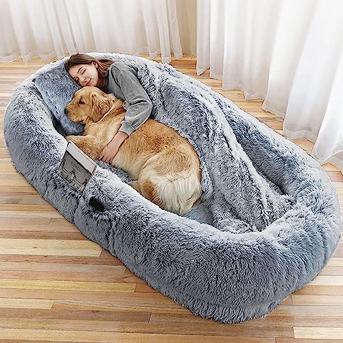 Jolitac 6XL Hundebett Menschliche Größe, Waschbar Katzenbett Hundekorb, Menschen Haustierbett für Sie und Ihr Haustier, Beruhigendes Hundekissen für Extra Große Hunde 185x110x35cm, Grau von Jolitac