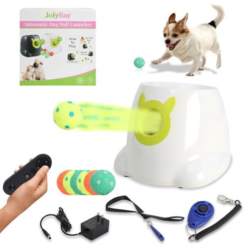 Automatischer Ballwerfer für kleine Hunde – Ferngesteuerter interaktiver Apportiermaschinenwerfer für kleine und mittelgroße Hunde mit 6 hochfedernden waschbaren Latexbällen, Trainingsklicker und von JolyBay
