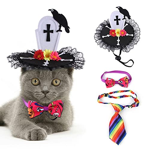 Jomewory Halloween-Kostüme für Hunde und Katzen, atmungsaktives Haustier-Bogenhalsband, Kolsplay-Set – Raben-Grabstein-Kopfbedeckung, Geisterschleifenhalsband, bunte Krawatte für Halloween-Party, von Jomewory