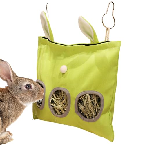 Kaninchen Heutasche Futterstation, Kleintiere Heufutterbeutel mit 3 Futterlöchern, 30x35cm Hängendes Futterhaus Käfig Zubehör für Kaninchen/Meerschweinchen aus Bio-Baumwolle mit Hasenohren Design von Jongyumo