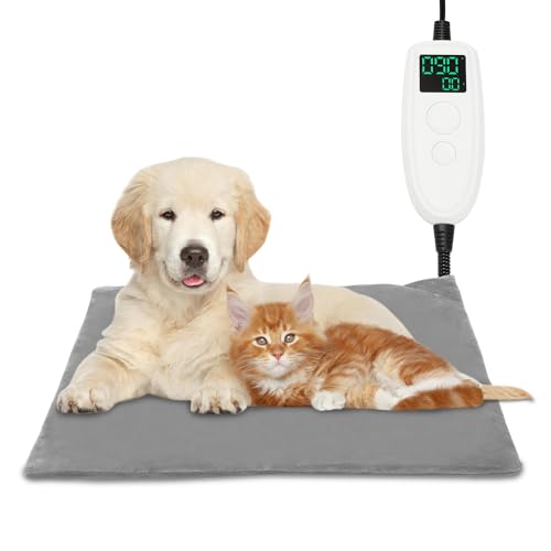 Joparri Haustier Heizkissen, Elektrisches Heizkissen für Hunde und Katzen mit Timing &Temperatur Einstellbar, Wärmedecke Katze Elektrisch mit Kaubeständigem Kabel (Grau- 50 x 50cm) von Joparri