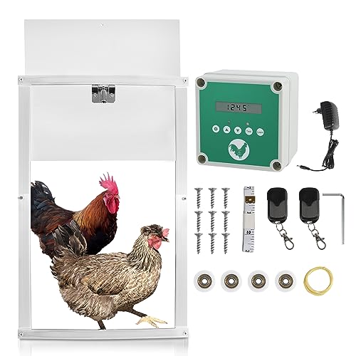 Jopassy Elektrische Hühnerklappe Türöffner Automatische Hühnerklappe Hühnerhaus Chicken-Door mit Lichtsensor, 2 Fernbedienungen, LED Display für Sichere Hühneraufzucht von Jopassy