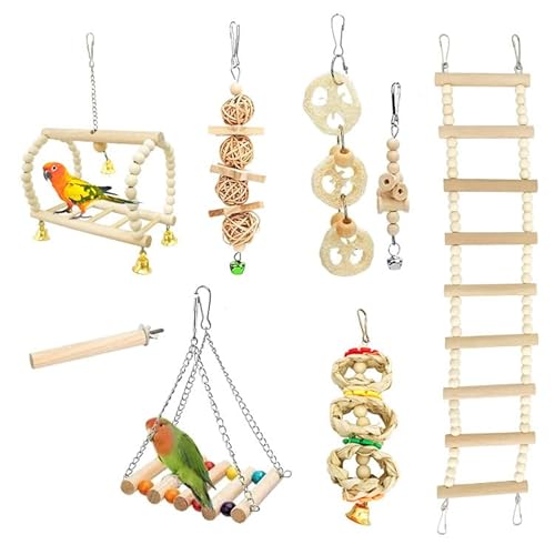 Jortmrd 8-Teiliges Vogelspielzeug, Sittichspielzeug, Papageienschaukel, Vögel Holzleiter Spielzeug, Vogelkäfig-Zubehör aus Holz, Vogelschaukel Glocken Kauspielzeug für Sittiche, Kleine Haustiere Jortmrd 8-Teiliges Vogelspielzeug, Sittichspielzeug, Papageienschaukel, Vögel Holzleiter Spielzeug, Vogelkäfig-Zubehör aus Holz, Vogelschaukel Glocken Kauspielzeug für Sittiche, Kleine Haustiere von Jortmrd