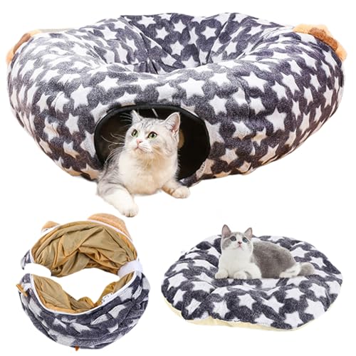 Cat Donut -Tunnel mit Ohr 31, 5 -Zoll -Katze Tunnel Bettstern Muster Plüschkatzen mit hängenden Kugel und Kissen Faltbare waschbare Katzen für Innenräume von Jorzer