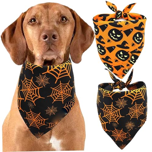 Halloween-Hundehalstücher, Kürbis- und Spinnennetz-Lätzchen, Hundehalstuch, 2 Stück, Polyester-Halstuch, dreieckig, wendbar, Herbst-Haustierschal für Hunde, Halloween-Dekoration von Jorzer