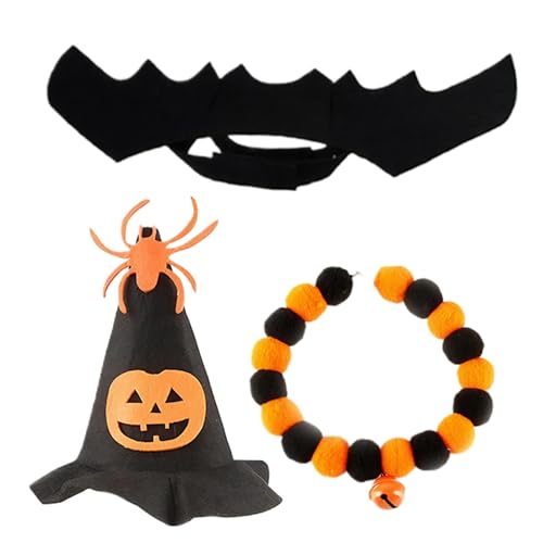 Halloween-Kostüme für Katzen, süße Haustierkostüme aus Filz, inklusive Hexenhut, Kragen und Fledermausflügel, 3-teiliges Kostümset für Kätzchen, kleine und mittelgroße Hunde von Jorzer