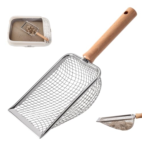 Jorzer Katzenstreu-Schaufel, 5 mm Porengröße Metallstreu Scoop mit Holzgriff, Nicht-Stick-Haustier-Reinigungsmittelwerkzeuge für Katzen, Hund, Hund von Jorzer