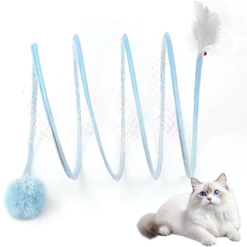 Katzentunnel, 26x10 Zoll faltbares Selbst-Spiel-Katzen-Spiralspielzeug mit Federn und Flauschiger Ball und Bell Interaktiv für Innenhaus von Jorzer